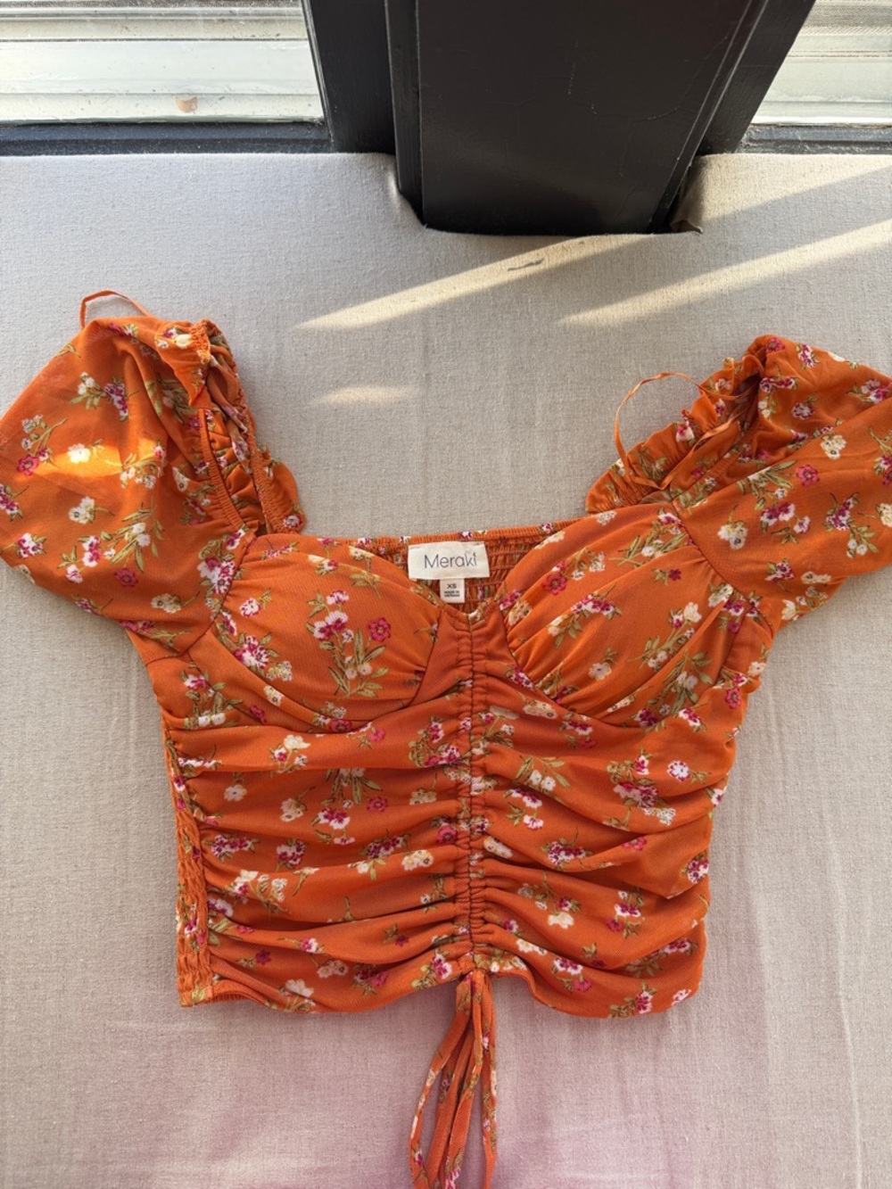 meraki Orange Floral Ruched Sweetheart Crop Blouse